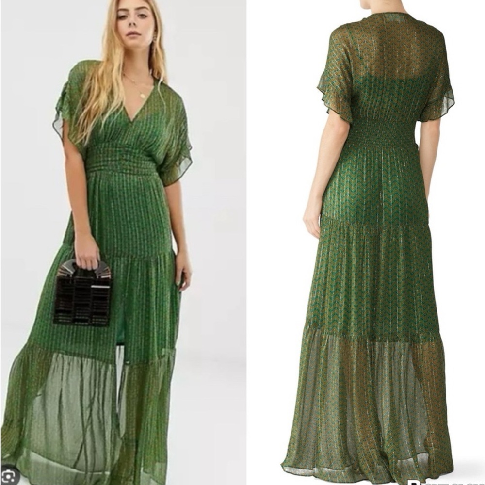 NWOT BA&SH Wanda Maxi Green Metallic Herringbone Maxi Dress Size XS